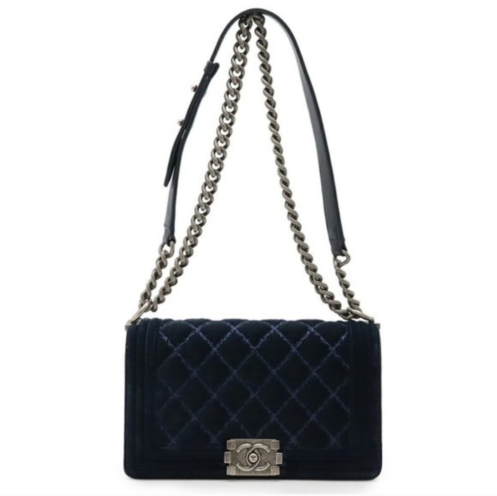 Like NEW! CHANEL BOY BAG WILD STITCH SUEDE LIKE VELVET TWEED LIKE IN NAVY BLUE! - Picture 3 of 16